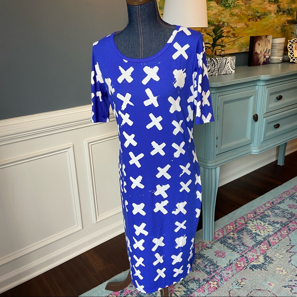 LulaRoe Bodycon Dress Sz L blue & white